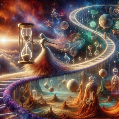 The primary subject of the image is a woman standing on a clock, which is a part of a surreal and whimsical scene. The setting is a colorful and imaginative landscape, featuring a variety of objects such as a ladder, a clock, a sphere, and a star. The visual style is a combination of digital art and illustration, creating a unique and artistic representation of the scene. The colors and mood of the image are vibrant and lively, with a sense of wonder and creativity.